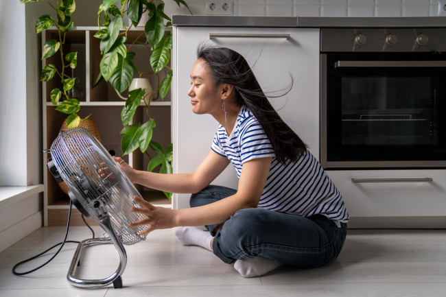 A woman seated in front of a fan.