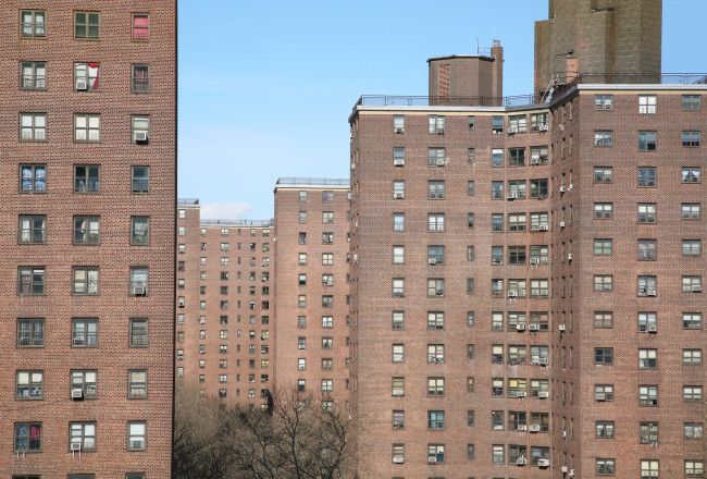 Row of apartments in housing project on Manhattan's Lower East Side, New York City, New York, USA.