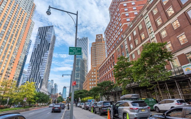 Flatbush Avenue, Brooklyn, with modern apartment buildings