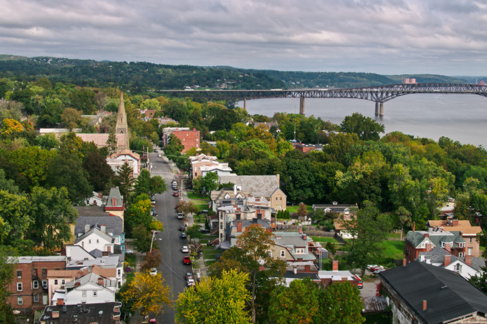 Aerial shot of Newburgh, a small city in the Hudson River Valley in Orange County, New York on a cloudy autumn afternoon.