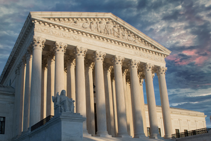 The US Supreme court as seen on a cloudy day.