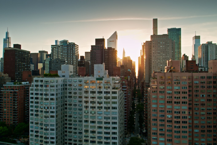 Sunset on new york city buildings in brooklyn