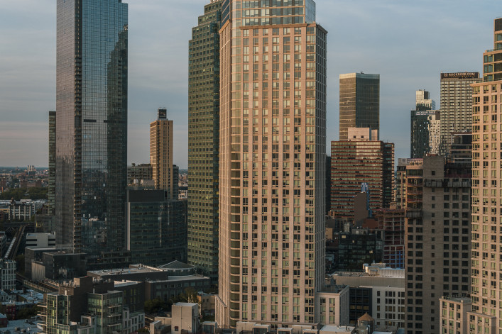 Evening view of residential buildings exterior in Hunters Points, Long Island City, Queens.