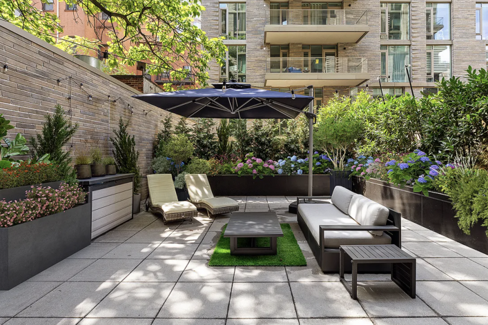 A one-bedroom condo with a 800-square-foot landscaped terrace in Hell's Kitchen 