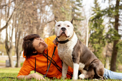 Woman on a walk in the park with her dog. Staffordshire Bull Terrier