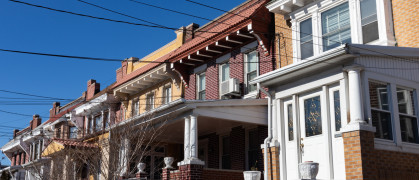 Row of Beautiful Old Brick Homes in Astoria Queens New York stock photo