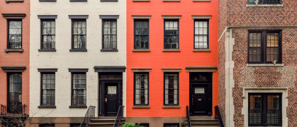 Brownstone facades & row houses in an iconic neighborhood of Brooklyn Heights in New York City stock photo