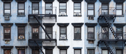 NYC Blue and white brick apartment buildings in the East Village of Manhattan in New York City