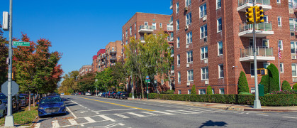 Large 7 Story Red Brick Co-op Apartment Buildings at Intersection of Shore Rd. and 94th Street in Bay Ridge Neighborhood of Brooklyn, New York,