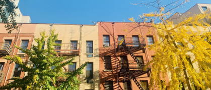 brightly colored apartment buildings surrounded by trees in Upper East Side, Manhattan