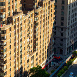 Aerial shot of Manhattan, New York City, taken from above the Upper West Side on a sunny afternoon in summer.